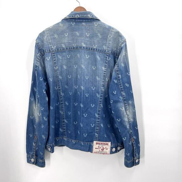 True Religion Monogram Blue Denim Trucker Jacket Mens Size XL - Picture 4 of 13